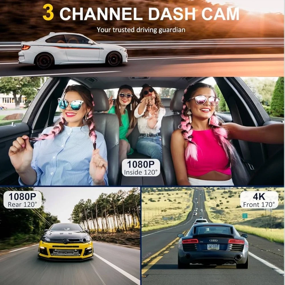 4K Dash Cam Front & Rear IPS,3 Channel Dash Cam with 5G Wifi 64 Card Included